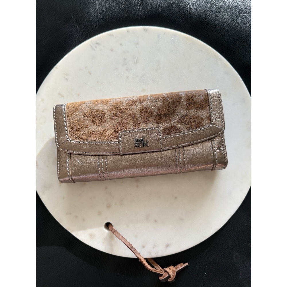The Sak Metallic Leopard Print Leather Wallet Bronze Pewter Snap Flap Organizer